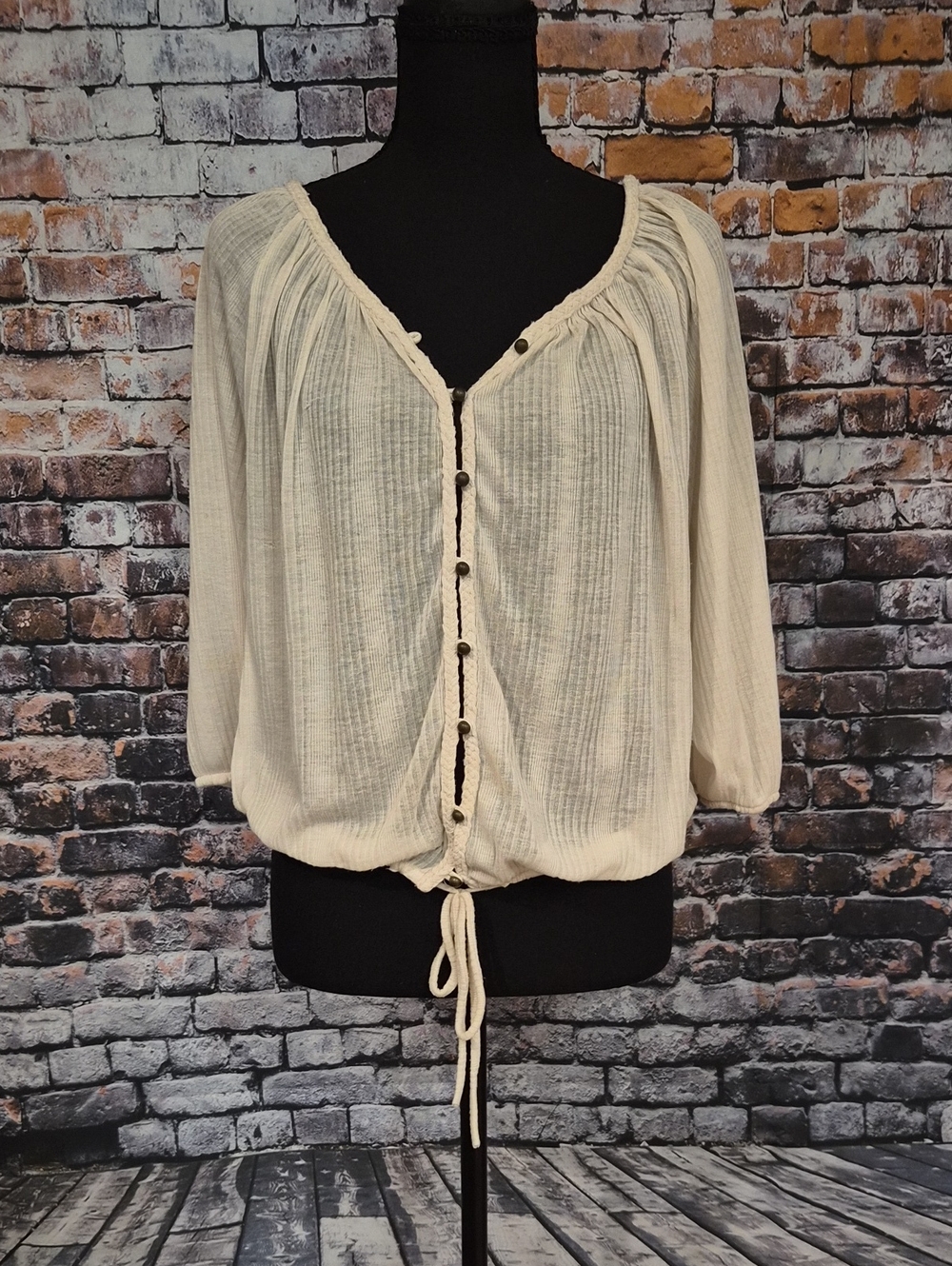 Buckle Vintage Cream Button-Front Peasant Top with Drawstring